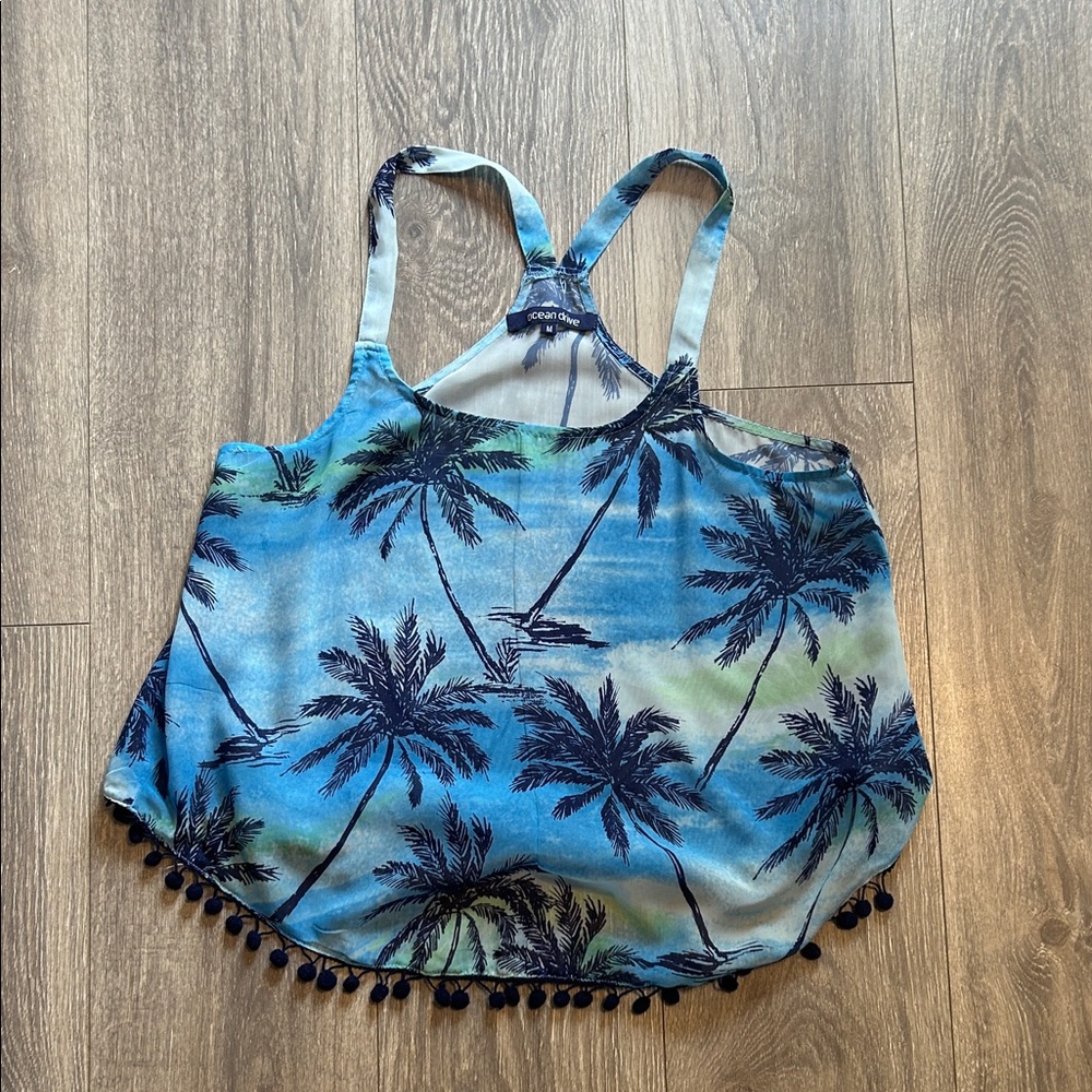 Ocean Drive Blue Palm Tree Print Women's Top